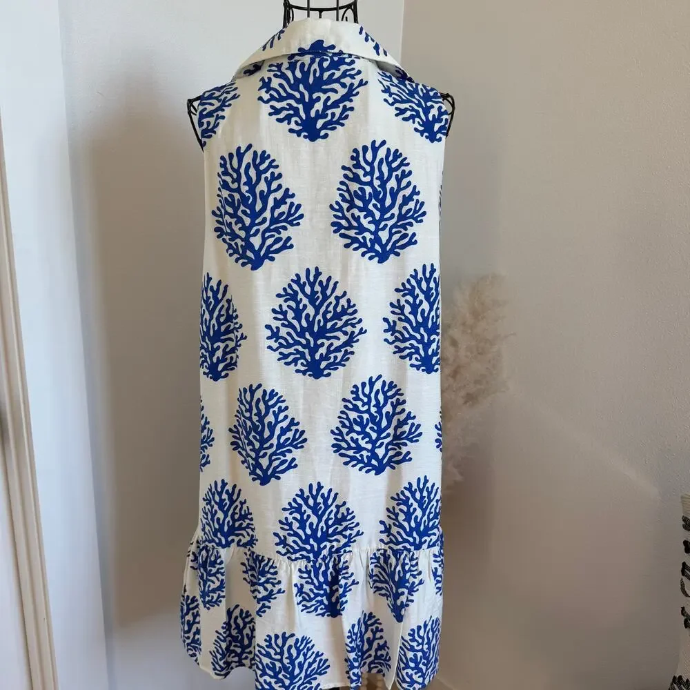 THML White Blue Coral Print Sleeveless Pleated Buttom Mini Dress Pink Trim NWT-M - Picture 7 of 10